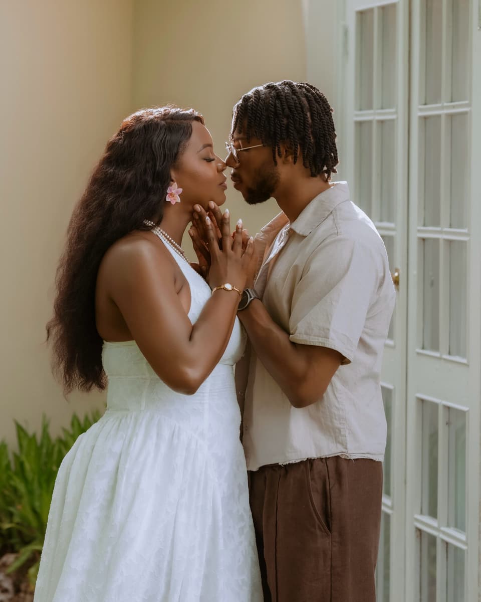 An engaged couple in the gardens at Bay Vista Villa